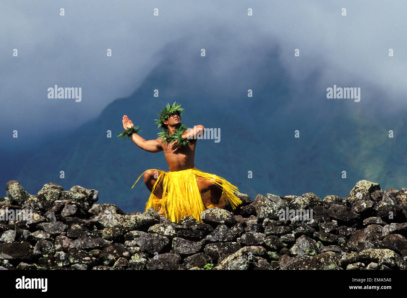 Hawaii, Male Hula Dancer On Hawiian Heiau Stock Photo - Alamy