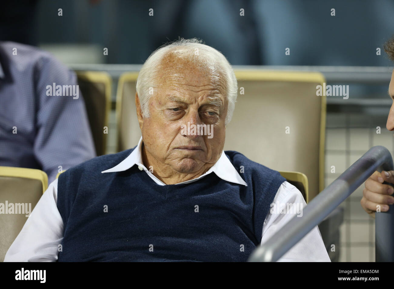 Los Angeles, California, USA. 17th April, 2015. Dodger legend Tommy Lasorda takes in the Friday night game. Credit:  Cal Sport Media/Alamy Live News Stock Photo