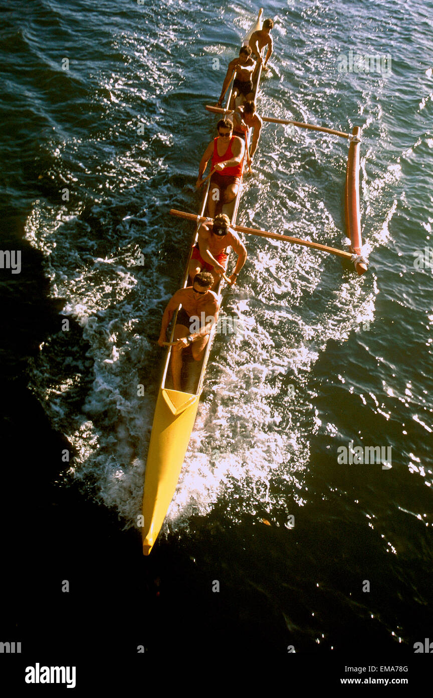Hawaii, Local Men's Paddling Club, Outrigger Canoe In Ocean, Overhead