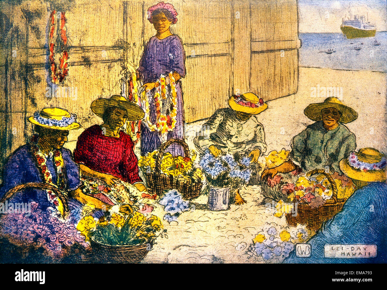 C.1929 Group Of Women With Hats: Lei Makers Seated In Circle B1422 Stock Photo