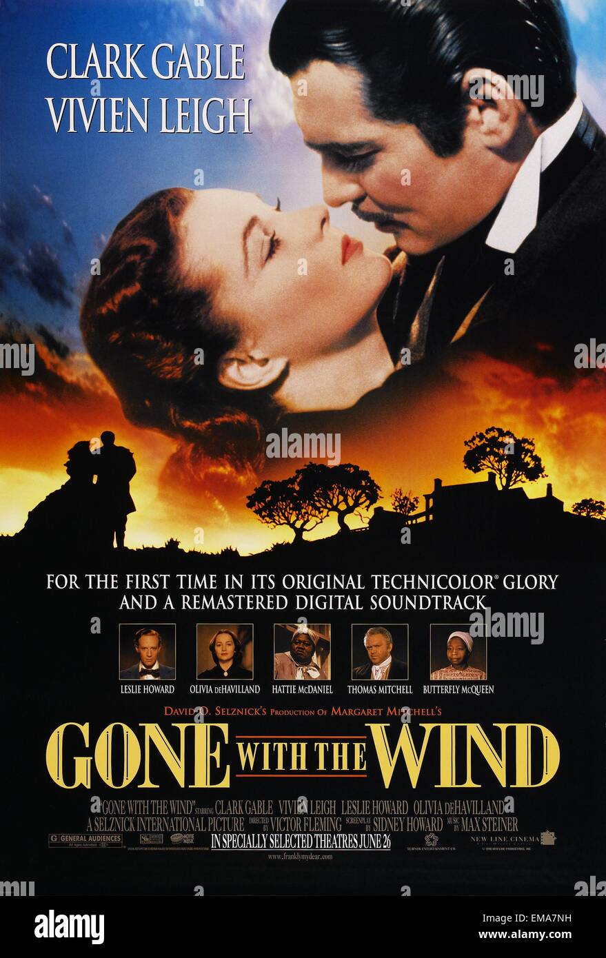 Movie poster of 'Gone with the Wind' a 1939 American epic historical romance film directed by Victor Fleming and starring Vivien Leigh and Clark Gable. Stock Photo