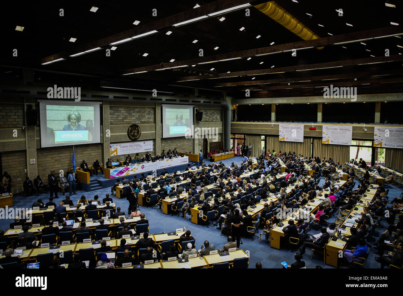 Nairobi, Kenya. 17th Apr, 2015. Photo taken on April 17, 2015 shows the scene of the 25th Session of the Governing Council of UN-Habitat in Nairobi, Kenya. Kenyan President Uhuru Kenyatta on Friday called for the strengthening of the UN- housing agency (UN-Habitat) so that it can effectively pursue the mandate to support sustainable urbanisation. Credit:  Pan Siwei/Xinhua/Alamy Live News Stock Photo