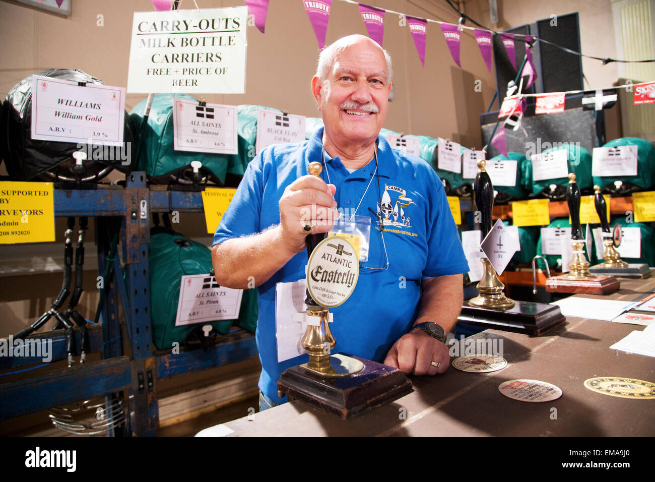 Robert Lyle (centre) bartender of the Falmouth Beer Festival Stock