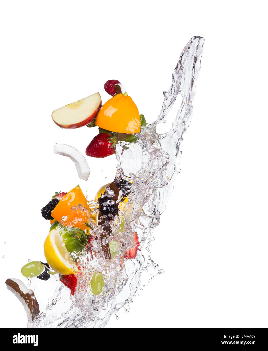 Mix of fruit with water splashes isolated on white background Stock Photo