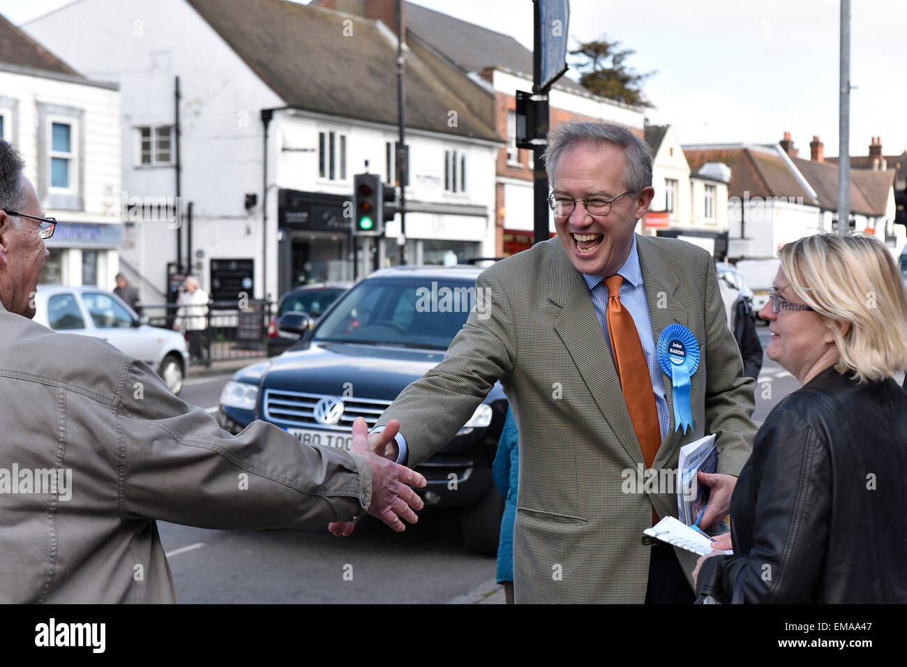 Billericay, UK. 18th April, 2015. In the run-up to the General Election, John Baron, prospective MP for Basildon and Billericay meets and greets his constituents in Billericay High Street in Essex. Credit:  Gordon Scammell/Alamy Live News Stock Photo