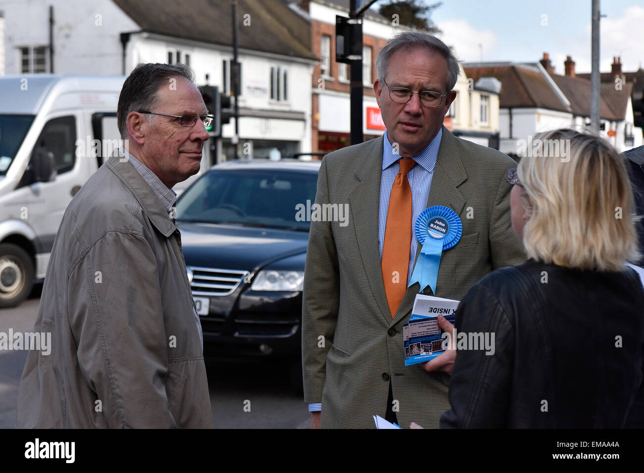 Billericay, UK. 18th April, 2015. In the run-up to the General Election, John Baron, prospective MP for Basildon and Billericay meets and greets his constituents in Billericay High Street in Essex. Credit:  Gordon Scammell/Alamy Live News Stock Photo