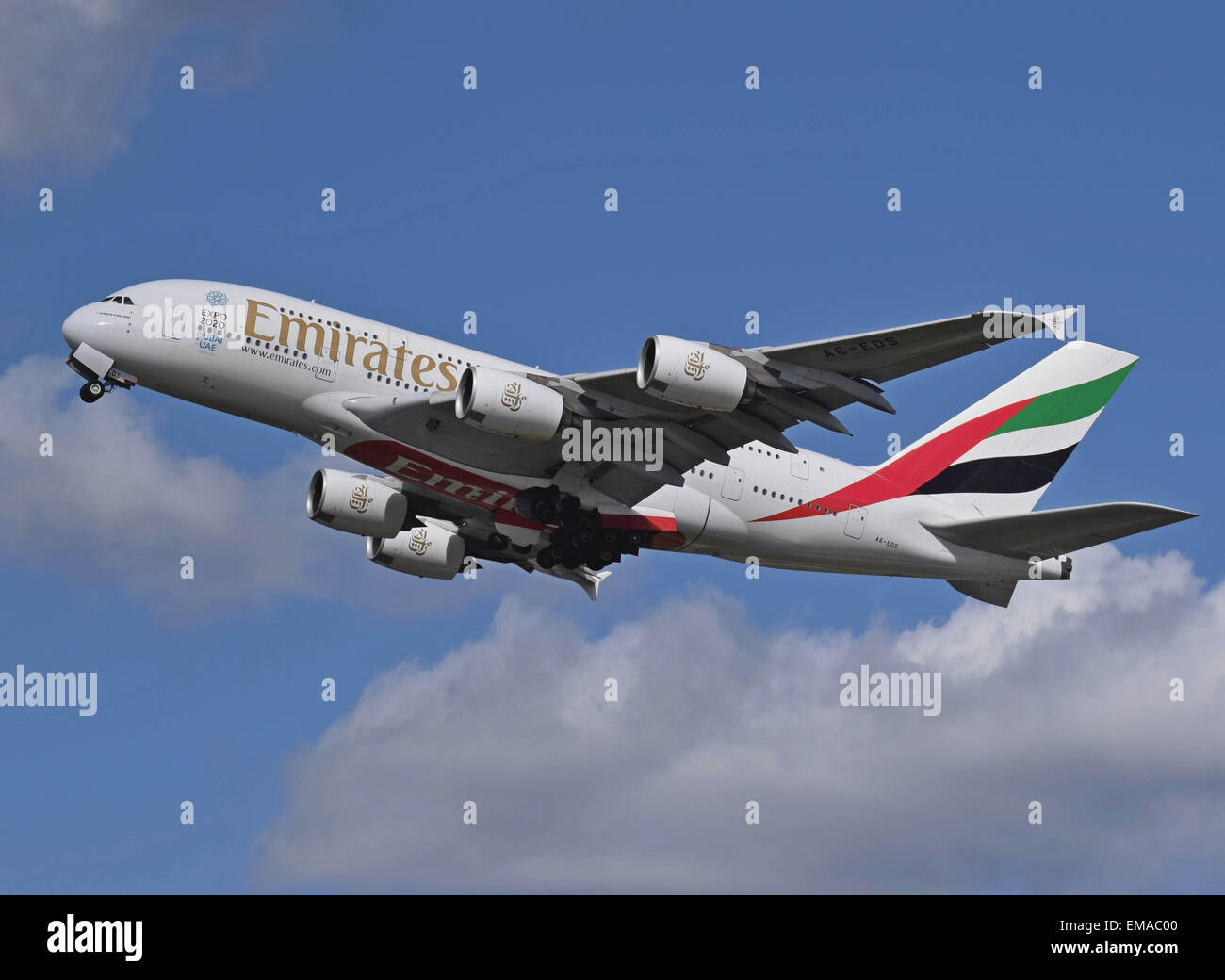 Emirates Airbus A380-800 departs London Heathrow Airport, England. Stock Photo