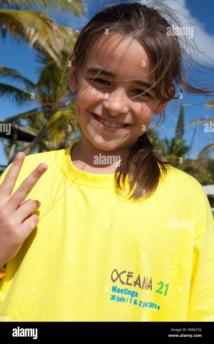 Luna, 10 years old, after the meeting with   Jean Michel Cousteau,  to protect the nature she walks to school and uses the same Stock Photo