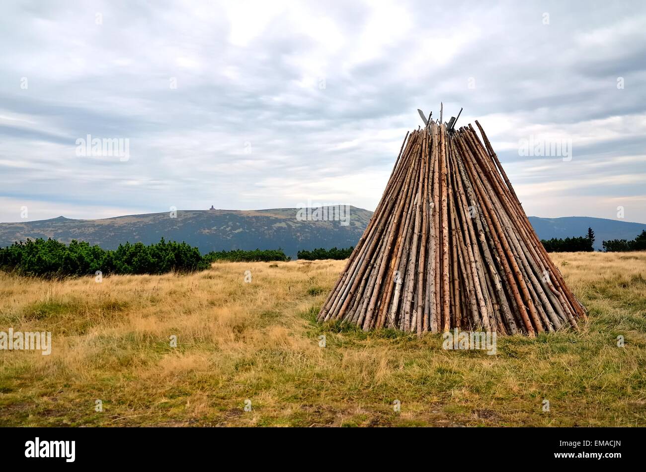 Stack of wood. Logpile piled into a shape of wigwam on a clearing in the Karkonosze mountains. Stock Photo