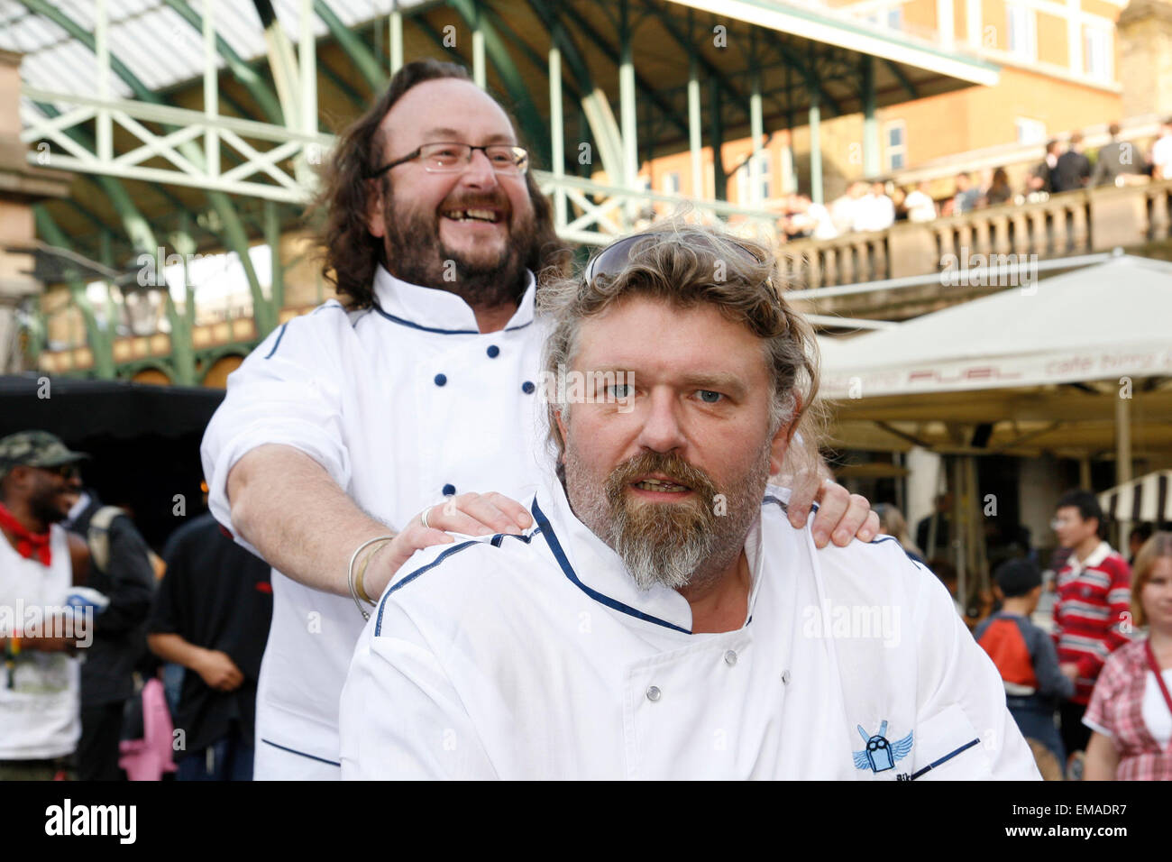 TV chefs The Hairy Bikers Simon King (front) and David Myers arrive in Covent Garden London Stock Photo