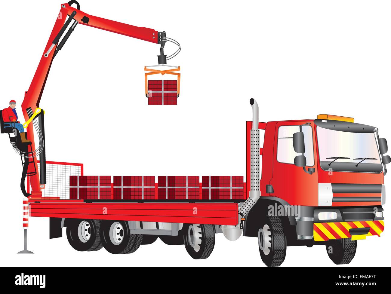 A detailed vector illustration of a Red eight wheeler Truck with an operator on a crane mounted at the rear of the vehicle unloading bricks isolated Stock Vector