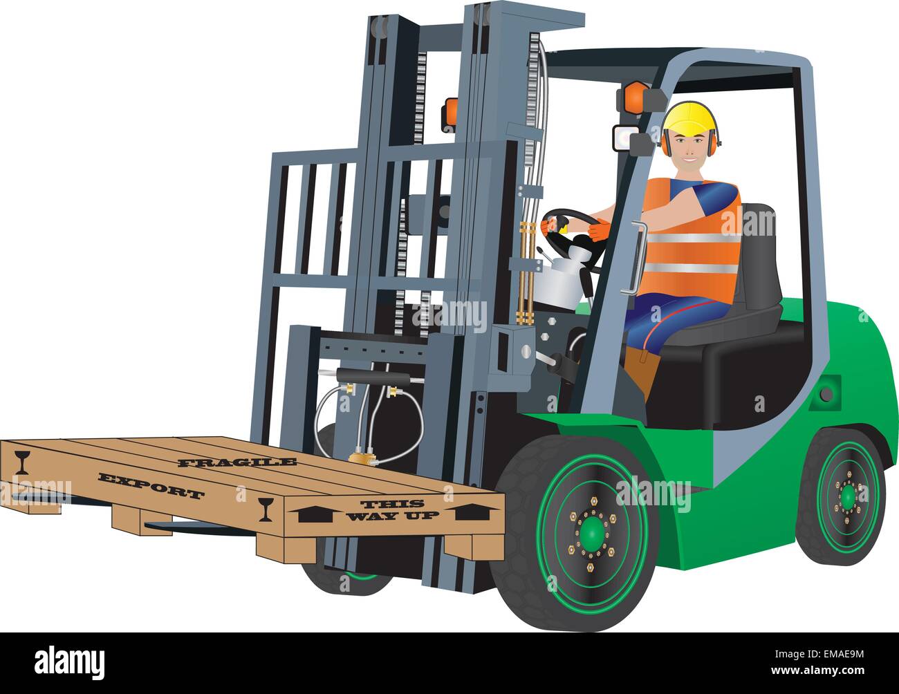 A vector illustration of a Green Forklift Truck and Driver carrying a packing case isolated on white Stock Vector