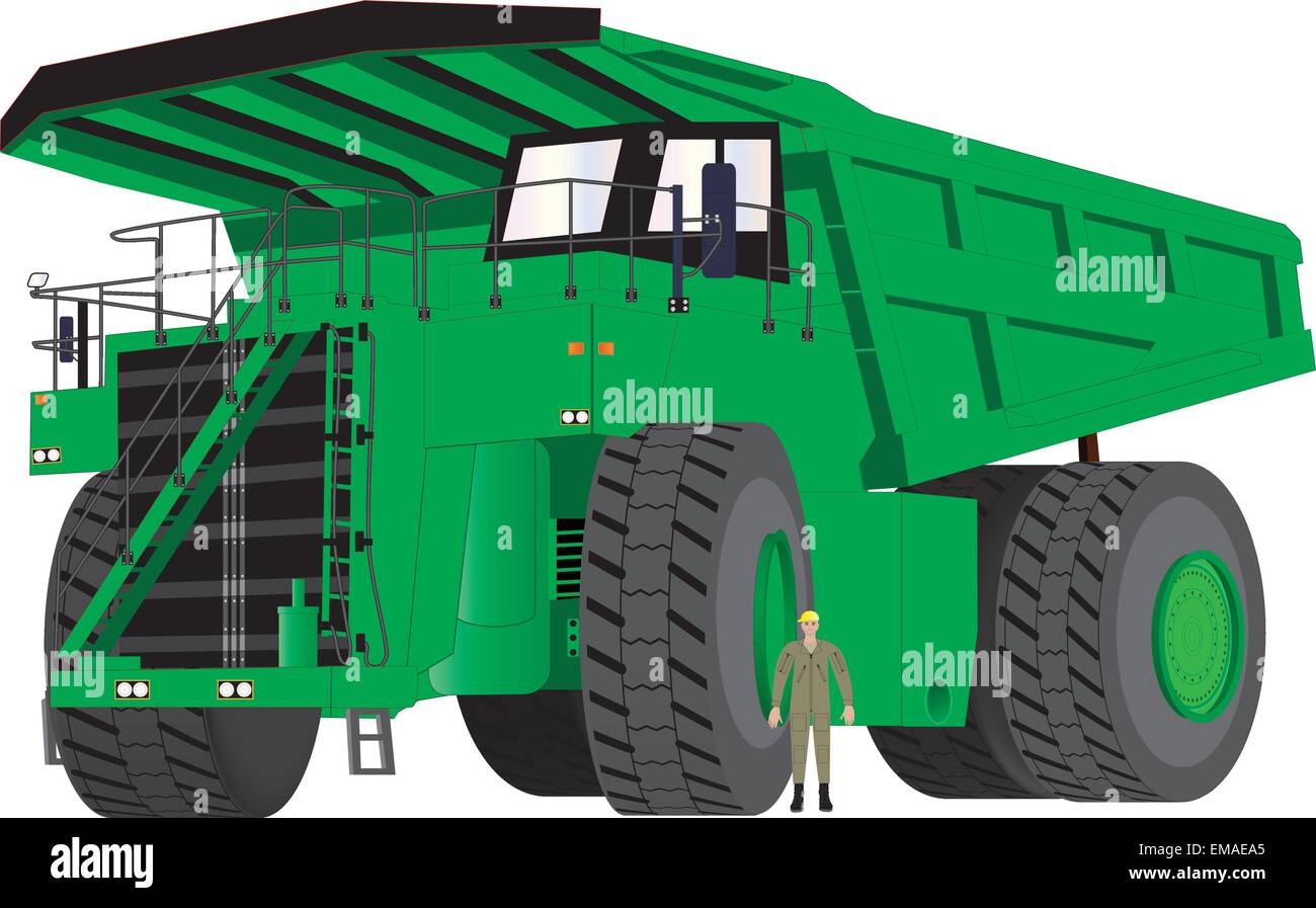 A detailed vector illustration of a Giant Green Earthmoving Dumper Truck used in quarrying and miningwith a man stood by the front wheel to give scale Stock Vector
