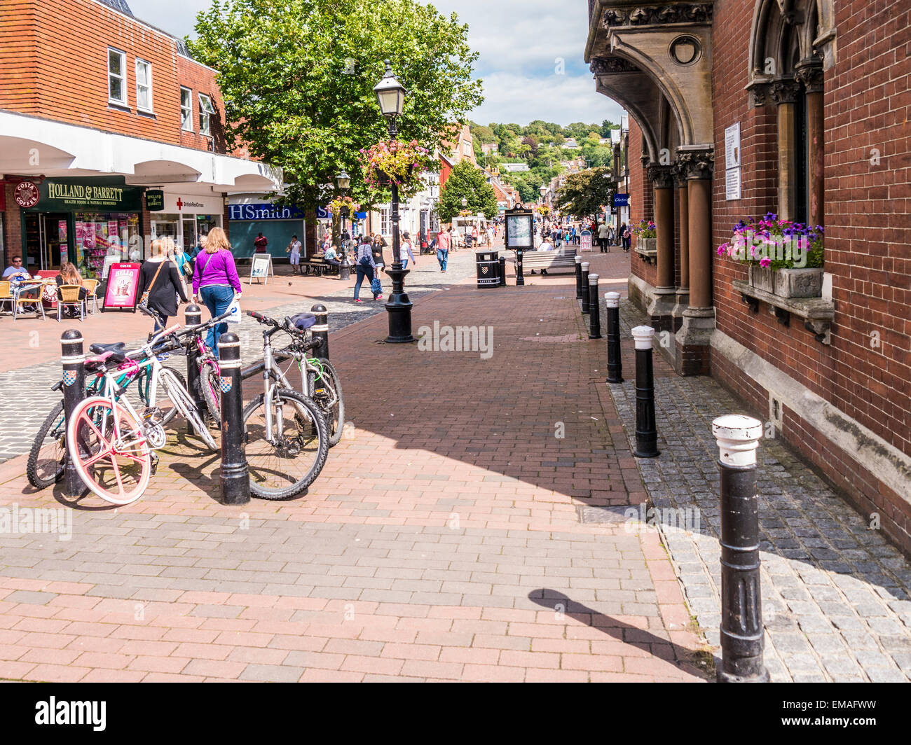 Part of the main High Street in Lewes leading towards the River Ouse & Cliffe High Street, Lewes, East Sussex. Stock Photo