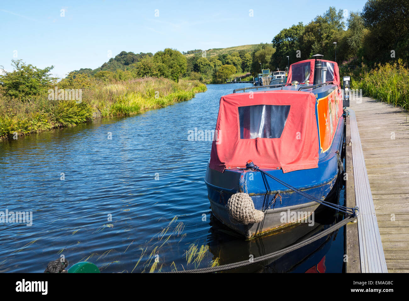 Narrow Boat berthed at Auchenstarry Marina on Forth & Clyde Canal. Stock Photo