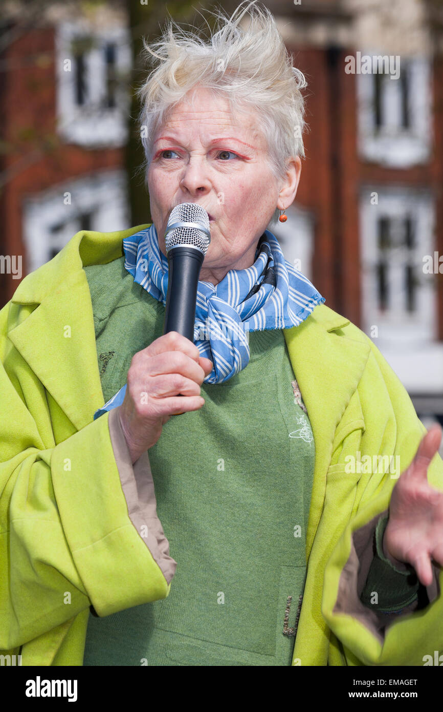 London, UK. 18th April, 2015. Fashion designer Dame Vivienne Westwood, DBE, RDI, adresses the Democracy vs TTIP Day of Action. Shepherds Bush Green (also known as Shepherds Bush Common), Shepherds Bush. London. UK. Credit:  Enid English/Alamy Live News Stock Photo