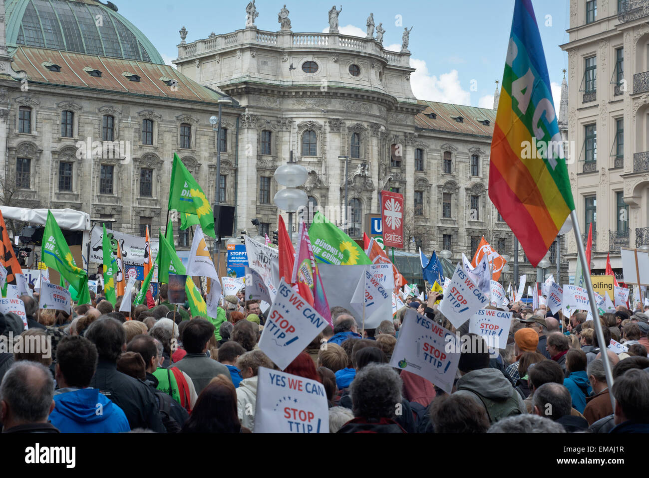 MUNICH, GERMANY – April 18, 2015:  Protesters turn out in force to protest TTIP trade deal, the Transatlantic Trade and Investment Partnership, in Munich Germany. Stock Photo