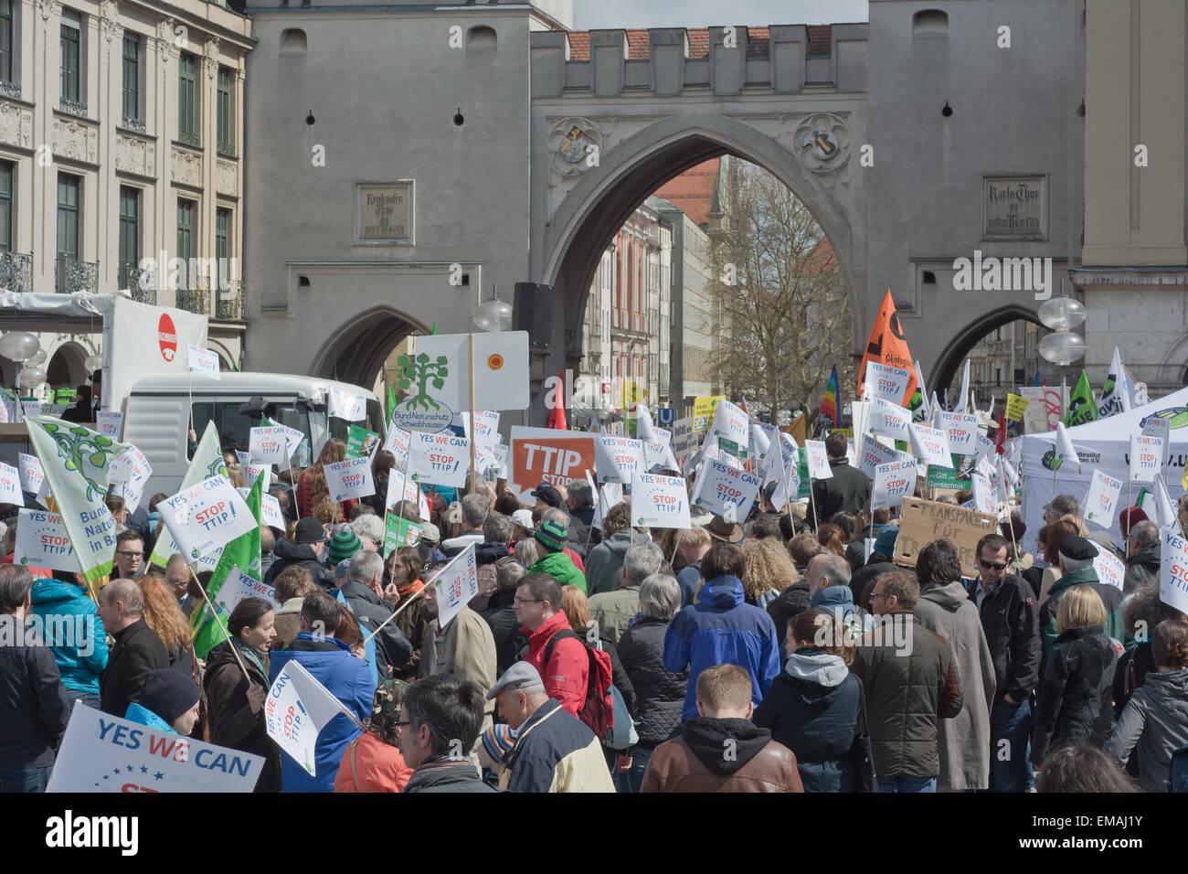 MUNICH, GERMANY – April 18, 2015:  Protesters turn out in force to protest TTIP trade deal, the Transatlantic Trade and Investment Partnership, in Munich Germany. Stock Photo
