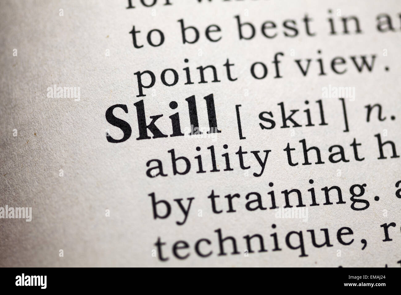 Fake Dictionary, Dictionary definition of the word skill. Stock Photo