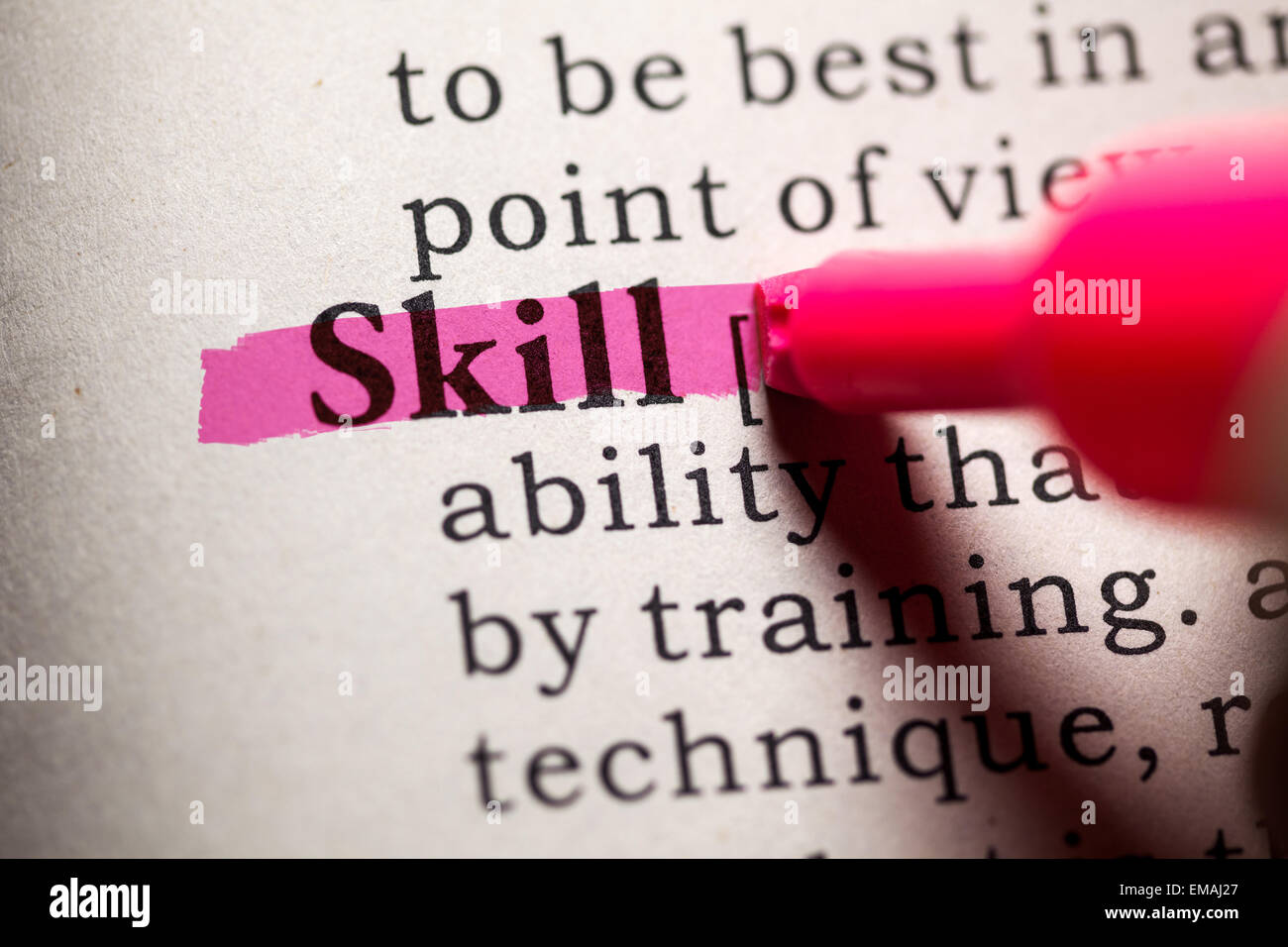Fake Dictionary, Dictionary definition of the word skill. Stock Photo