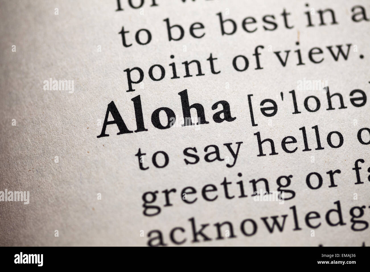 Fake Dictionary, Dictionary definition of the word aloha. Stock Photo