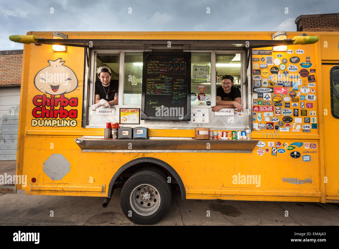 Affordable gourmet meals from food trucks, popular here in Durham, North Carolina. Stock Photo