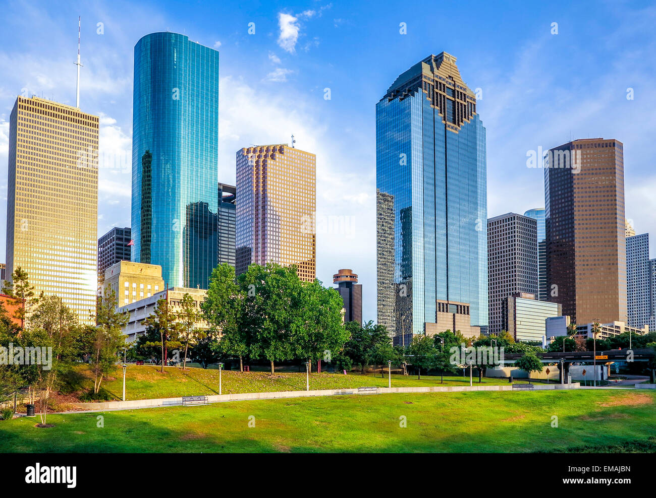 skyline of houston in bright sunset Stock Photo Alamy