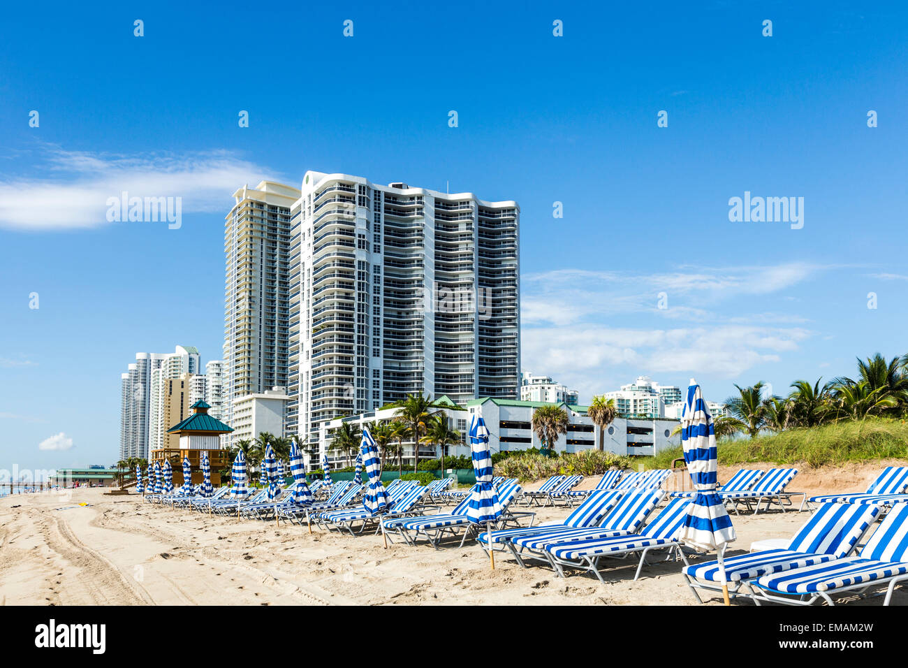 beautiful beach with condomiums and skyscraper in Sunny Islands, Miami Stock Photo