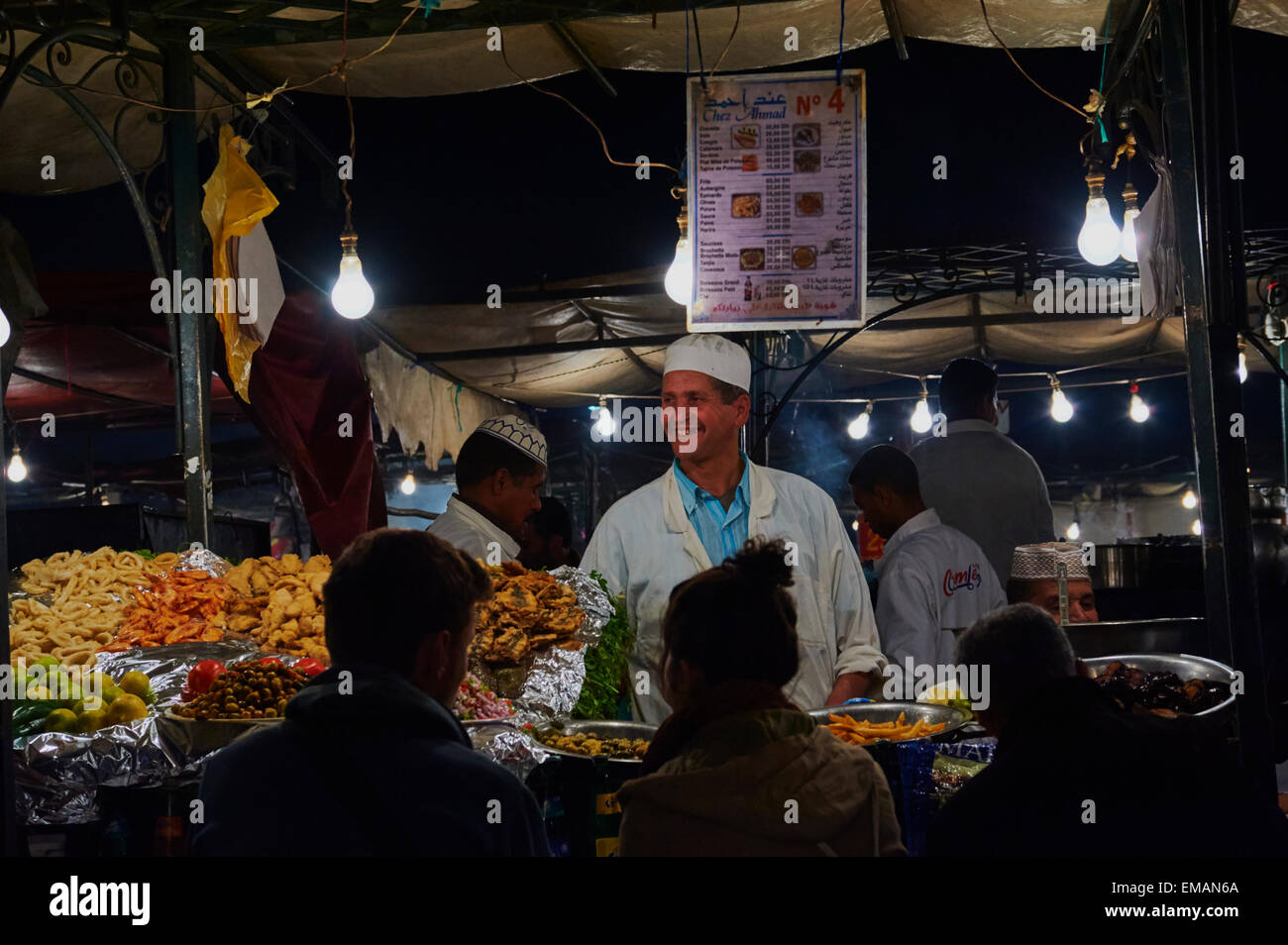 Food stall in the Djemaa el Fna, Medina, Marrakech, Morocco Stock Photo