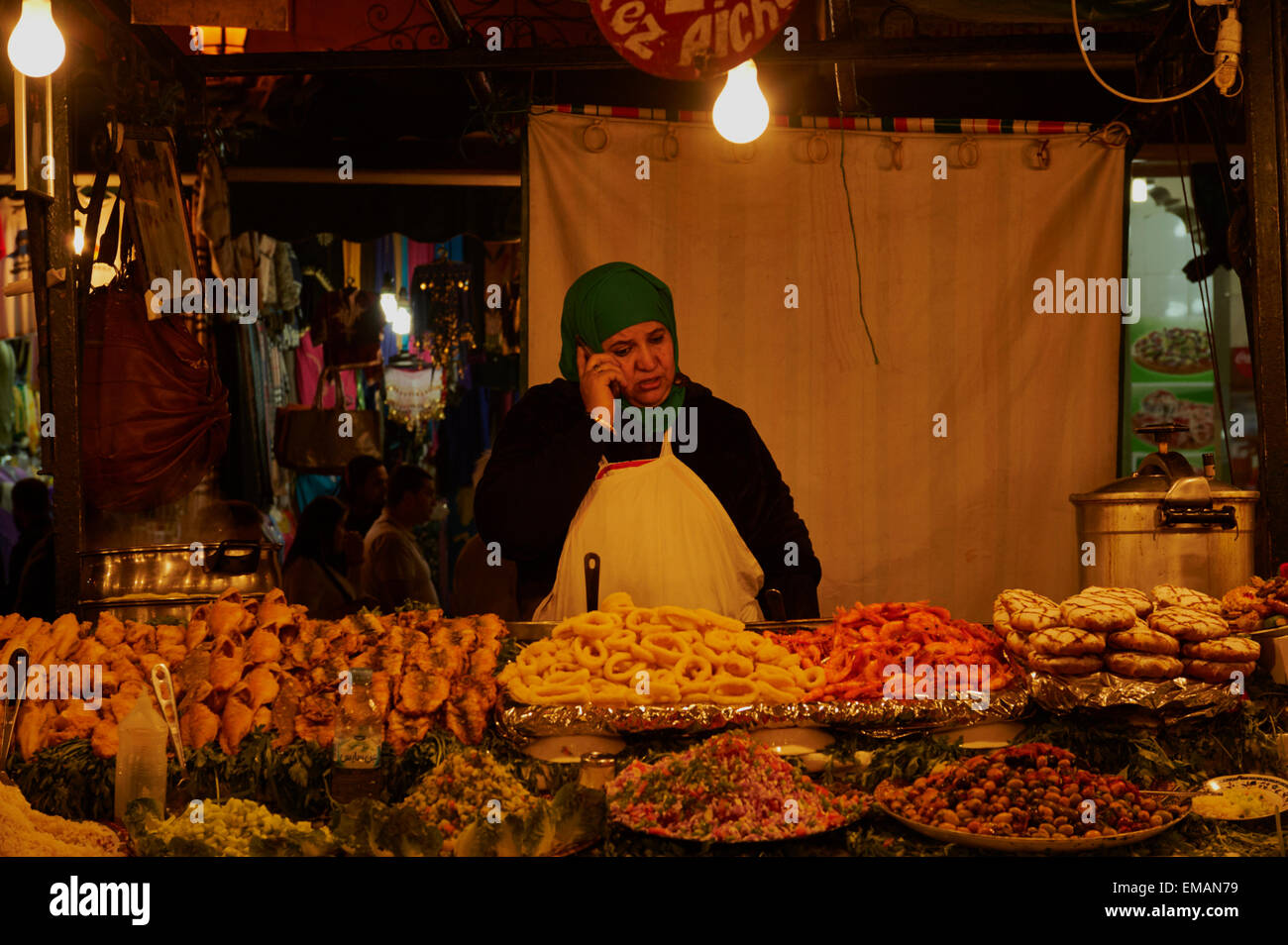 Stall holder in the Djemaa el Fna, Medina, Marrakech, Morocco Stock Photo