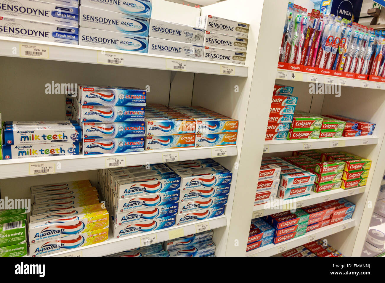 Johannesburg South Africa,African O. R. Tambo International Airport,terminal,gate,pharmacy,drugstore,toothpaste,Sensodyne,Aquafresh,product products d Stock Photo