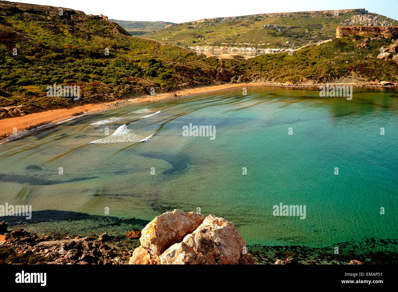 The 'golden sandy' beach of 'Ghajn Tuffieha Bay' in northwest Malta. Stock Photo
