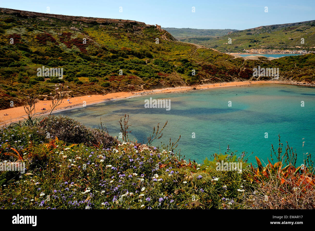 The "golden sandy" beach of "Ghajn Tuffieha Bay" in northwest Malta ...