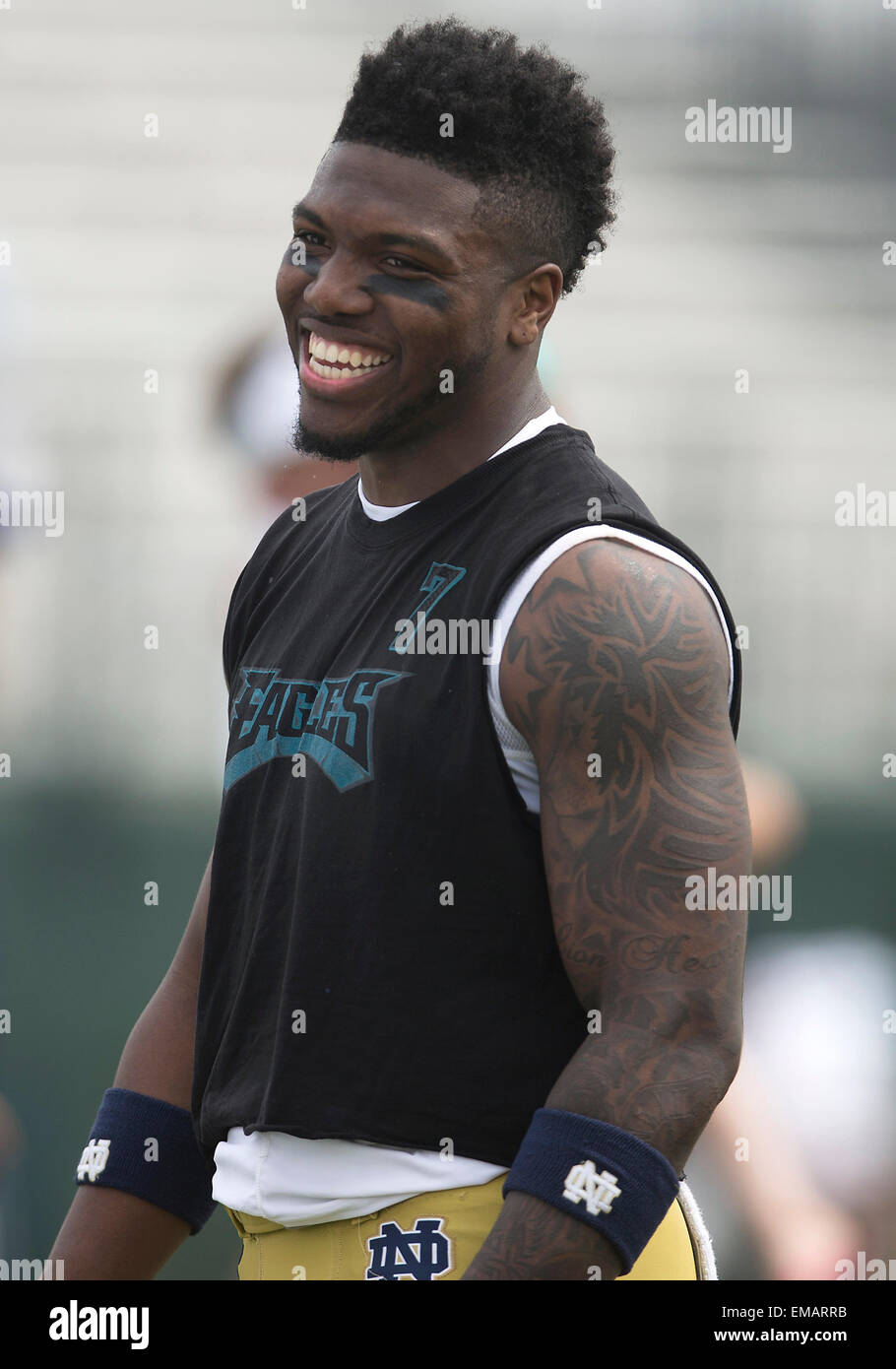 South Bend, Indiana, USA. 18th Apr, 2015. Notre Dame quarterback Malik  Zaire (8) after the Notre Dame Blue-Gold Spring game at Labar Practice  Complex in South Bend, Indiana. © csmAlamy Live News