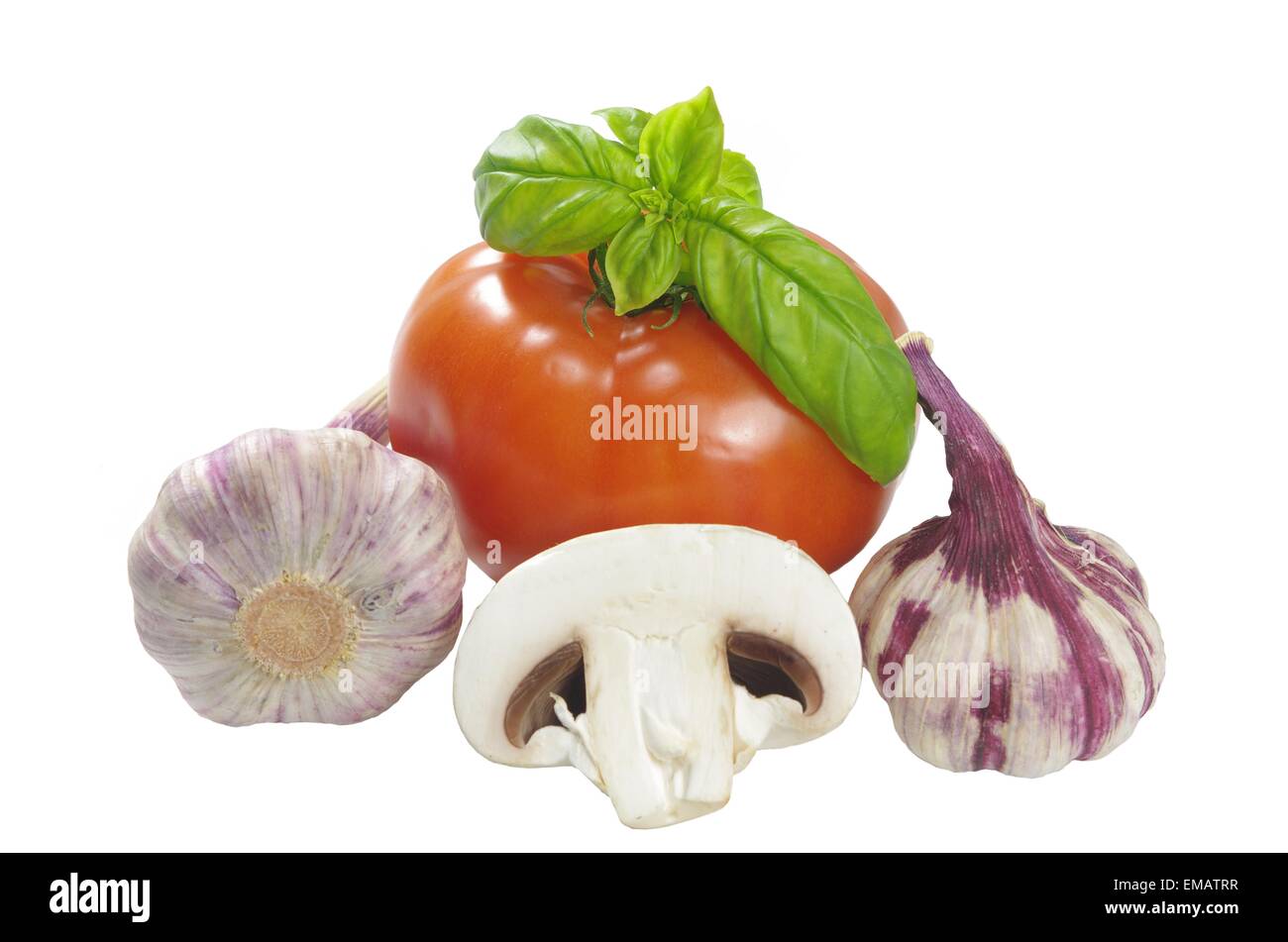tomato garlic basil and champignon on white background Stock Photo