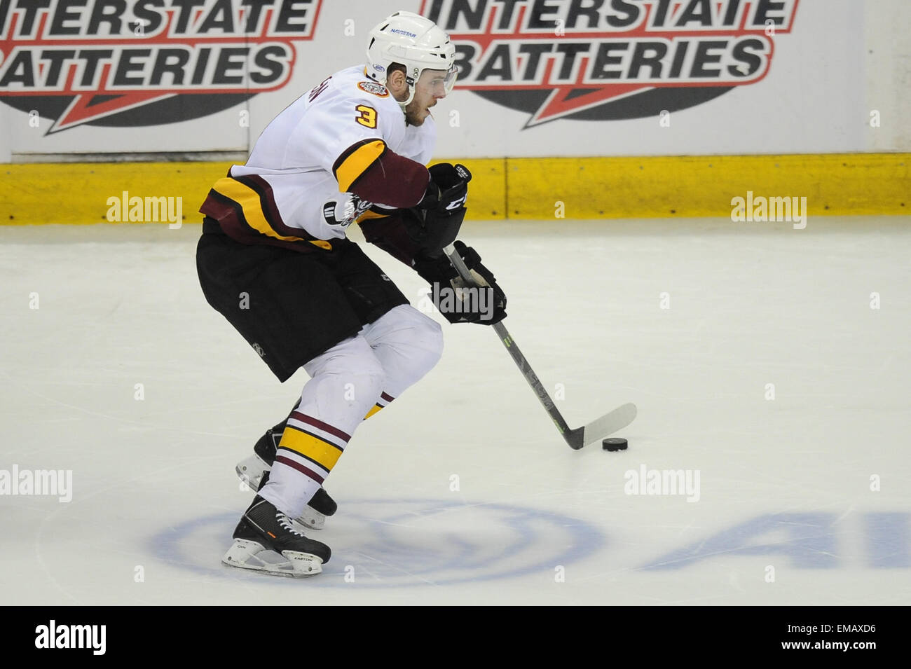 Rosemont, IL, USA. 18th Apr, 2015. Chicago Wolves' Joel Edmundson (3) controls the puck during the American Hockey League game between the Milwaukee Admirals and the Chicago Wolves at the Allstate Arena in Rosemont, IL. Patrick Gorski/CSM/Alamy Live News Stock Photo