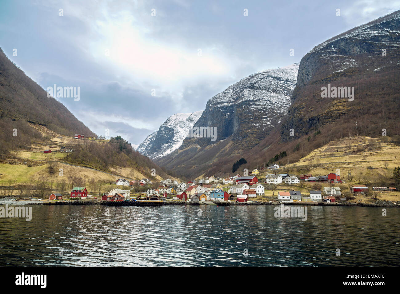 View of a town along the Sognefjord in western Norway from a boat. Stock Photo