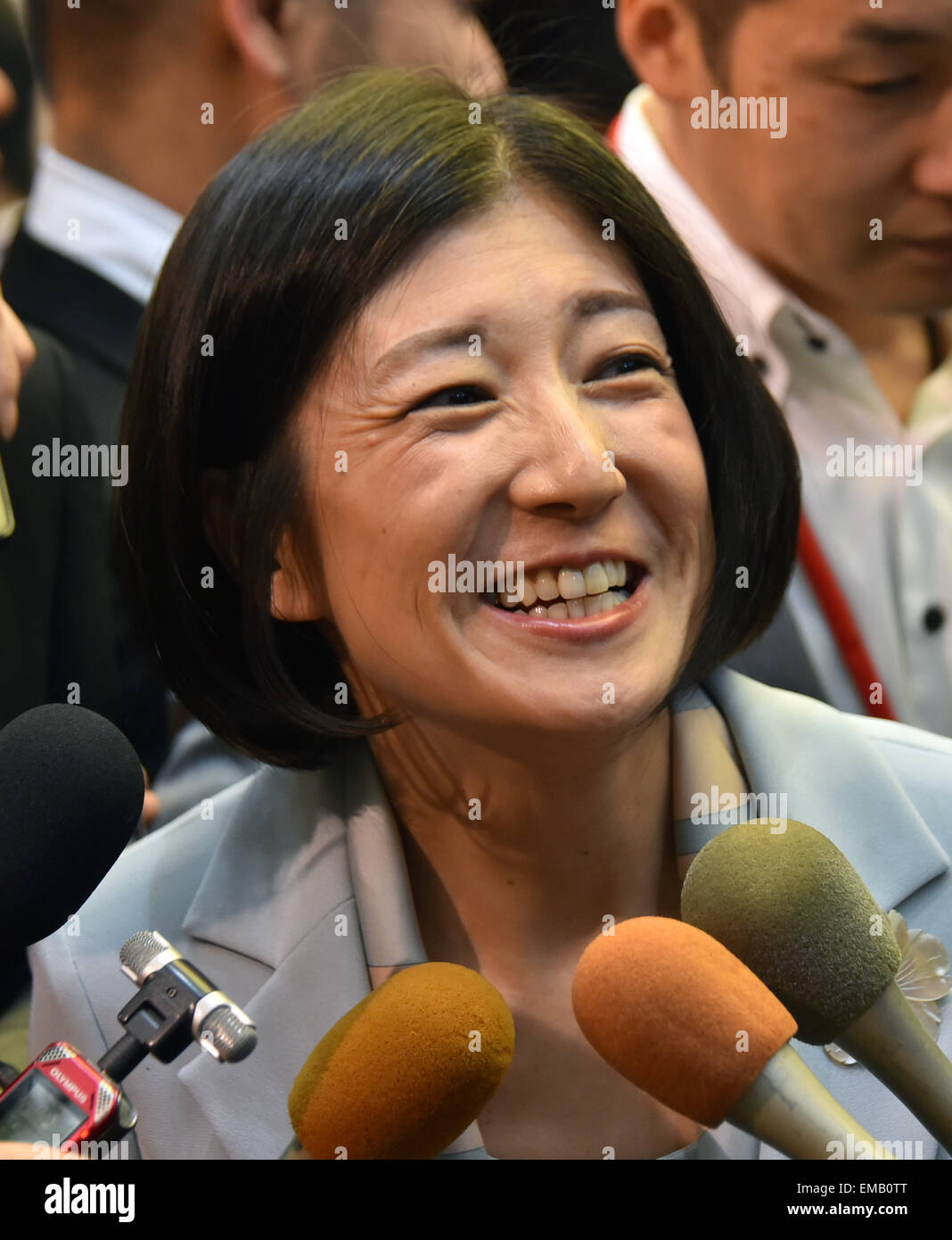 Tokyo, Japan. 18th Apr, 2015. President Kumiko Otsuka of Japanese upscale furniture retailer Otsuka Kagu speaks to the media in front of the newly-refurbished showroom in Tokyos Shinjuku district at the start of a bargain sale on Saturday, April 18, 2015. The high-profile clash between father and chairman, Katsuhisa Otsuka, and daughter and president over the family-run business was settled in March as the daughter fended off her fathers attempt to oust the president with shareholders voting in favor of her continuing to manage the company. © Natsuki Sakai/AFLO/Alamy Live News Stock Photo