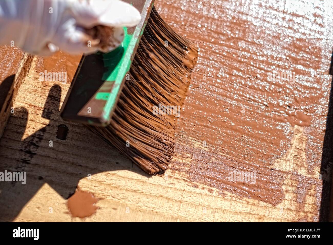 A brush being used to apply paint to a wooden fence panel England UK. Stock Photo