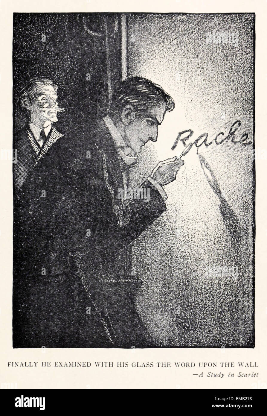 Finally he examined with his glass the word upon the wall - Illustration of Sherlock Holmes by Frederic Dorr Steele (1873-1944), from 1904 compilation 'Conan Doyle's Best Books' Volume 1, 'A Study in Scarlet'. See description for more information. Stock Photo