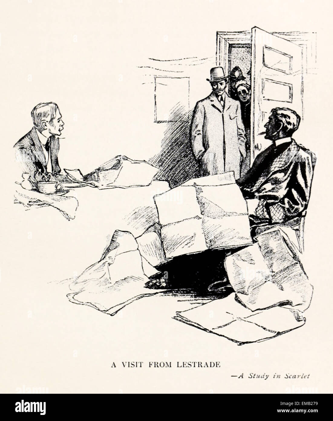A visit from Lestrade - Illustration by Frederic Dorr Steele (1873-1944), from 1904 compilation 'Conan Doyle's Best Books' Volume 1, 'A Study in Scarlet'. See description for more information. Stock Photo