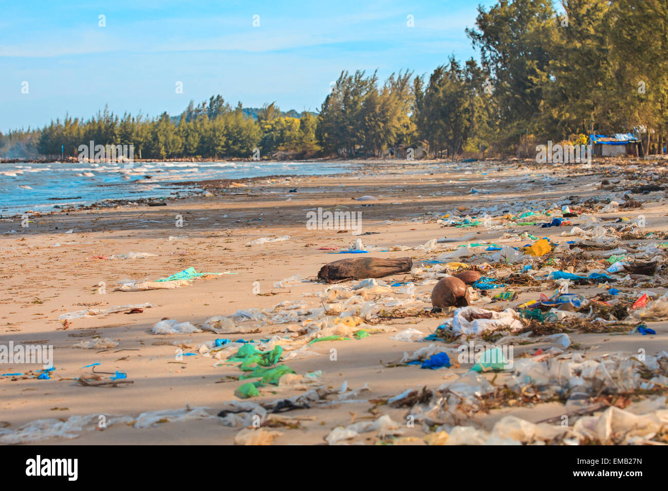 Terrible pollution of the ocean shore. Stock Photo