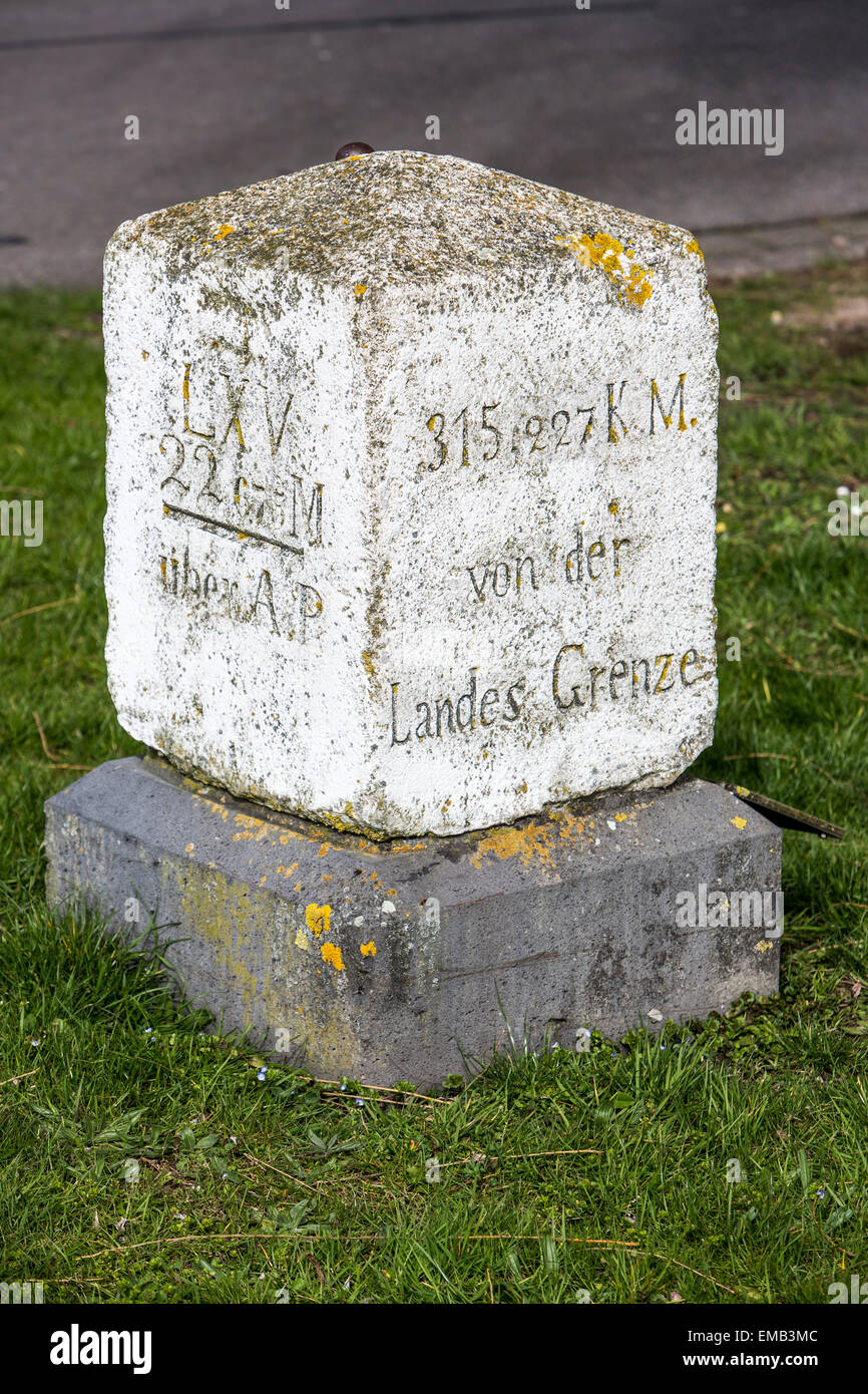 Myirameterstein, a kind of landmark, placed every 10 Kilometers, along river Rhine, today replaces by 1 Kilometer signs, Stock Photo