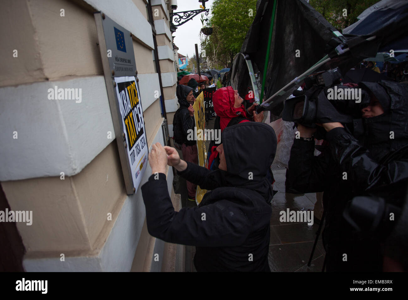 Ljubljana, Slovenia. 18th April, 2015. Protests against  Trading agreements like TTIP, TISA and CETA, mostly connected with GMO products were taken  in the front of Europaean house in Ljubljana Credit:  Nejc Trpin/Alamy Live News Stock Photo