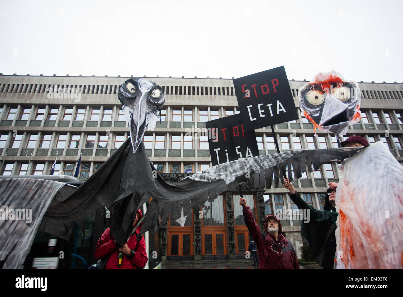 Ljubljana, Slovenia. 18th April, 2015. Protests against  Trading agreements like TTIP, TISA and CETA, mostly connected with GMO products were taken in Ljubljana at Republic square and Parliment building. Credit:  Nejc Trpin/Alamy Live News Stock Photo