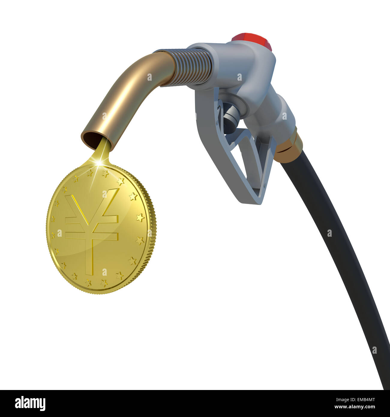 Gold yen coin flowing from fuel nozzle Stock Photo