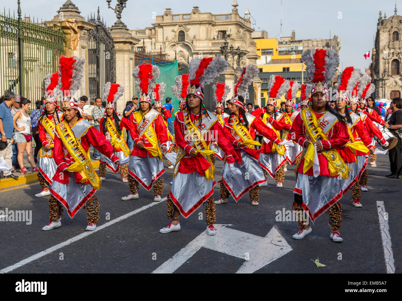 Lima, Peru.  Young Peruvian Men Marching in an Andean Cultural Parade, Plaza de Armas. Stock Photo