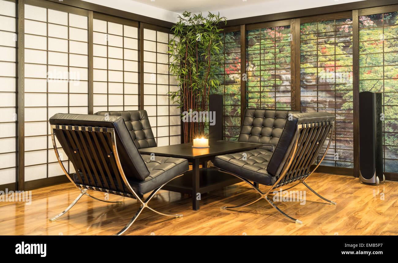 Contemporary Japanese Room with tea table, candle and four lounge chairs-3 Stock Photo