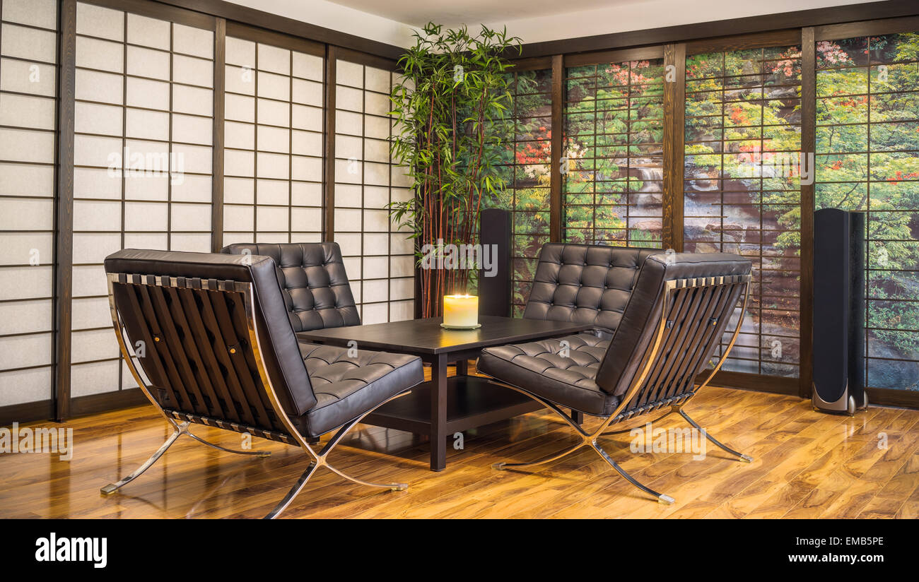 Contemporary Japanese Room with tea table, candle and four lounge chairs-2 Stock Photo