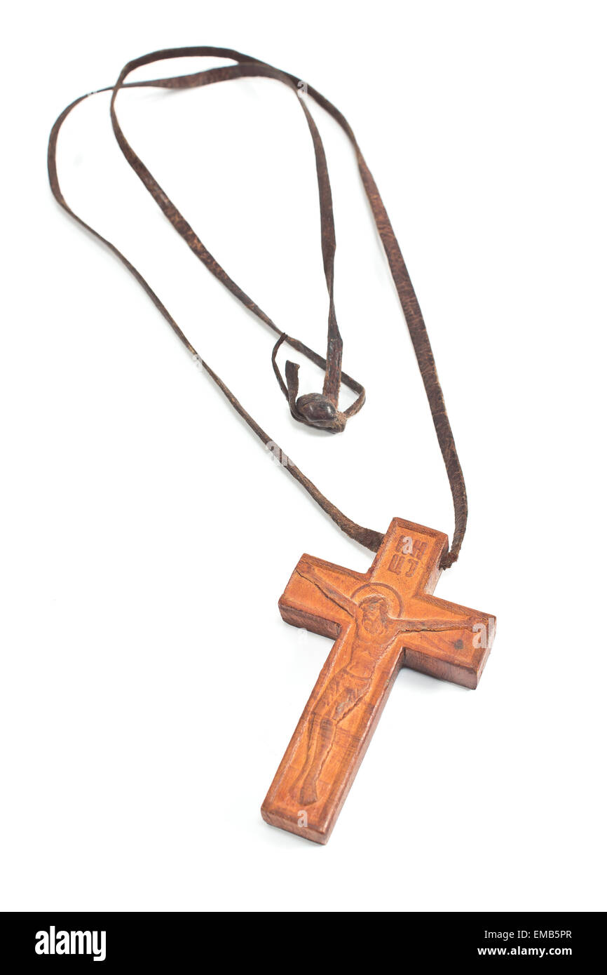 Wooden Christian cross necklace isolated on white Stock Photo Alamy